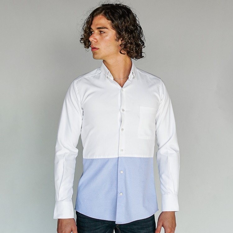 Camisa blanca diseño block celeste marca Business Casual slim | 127422